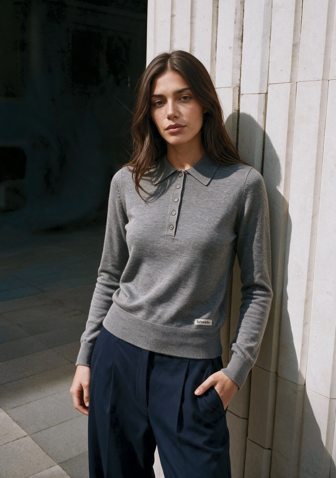 Grey Melange Fine Knit Polo Sweater